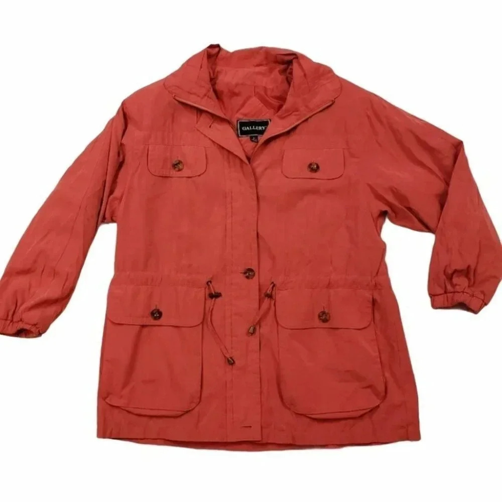 Gallery Coral Orange Lightweight Rain Jacket Anorak Drawstring Waist Medium